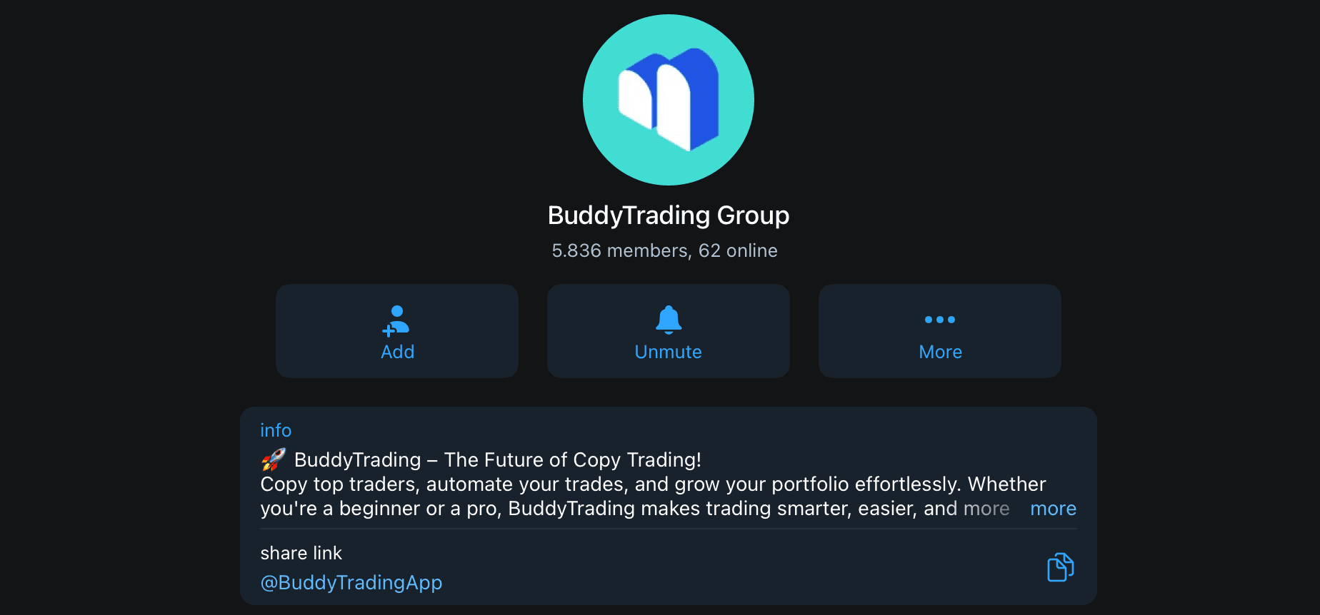 BuddyTrading Telegram Group, one of the best copy trading communities with 5,800+ members sharing crypto bots, strategies, and lead trader insights.
